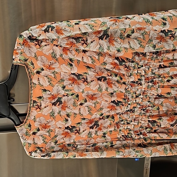 MAX STUDIO Geometric Floral Print Smocked Waist Dress Coral Green Hibiscus L NWT - Picture 4 of 12